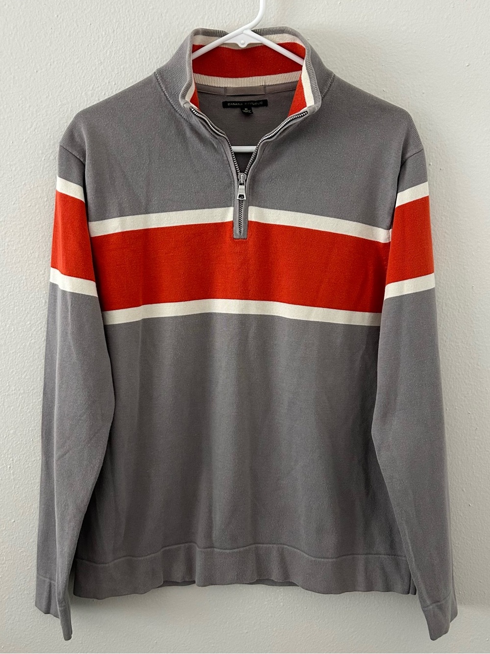 VTG Banana Republic Striped Sweater Pullover 1/4 Zip Mens M Orange Grey 90s Y2K